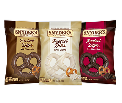 Snyder's of Hanover Pretzel Dips Milk Chocolate, White Creme, and Dark Chocolate Packages